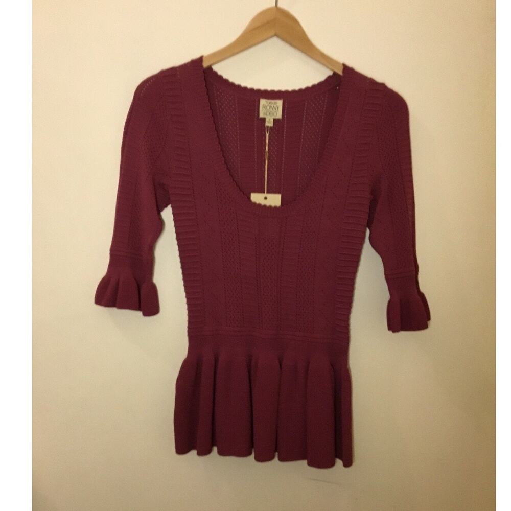 Torn by Ronny Kobo mauve Kimberly pointelle textured knit peplum Top NWT Sz S
